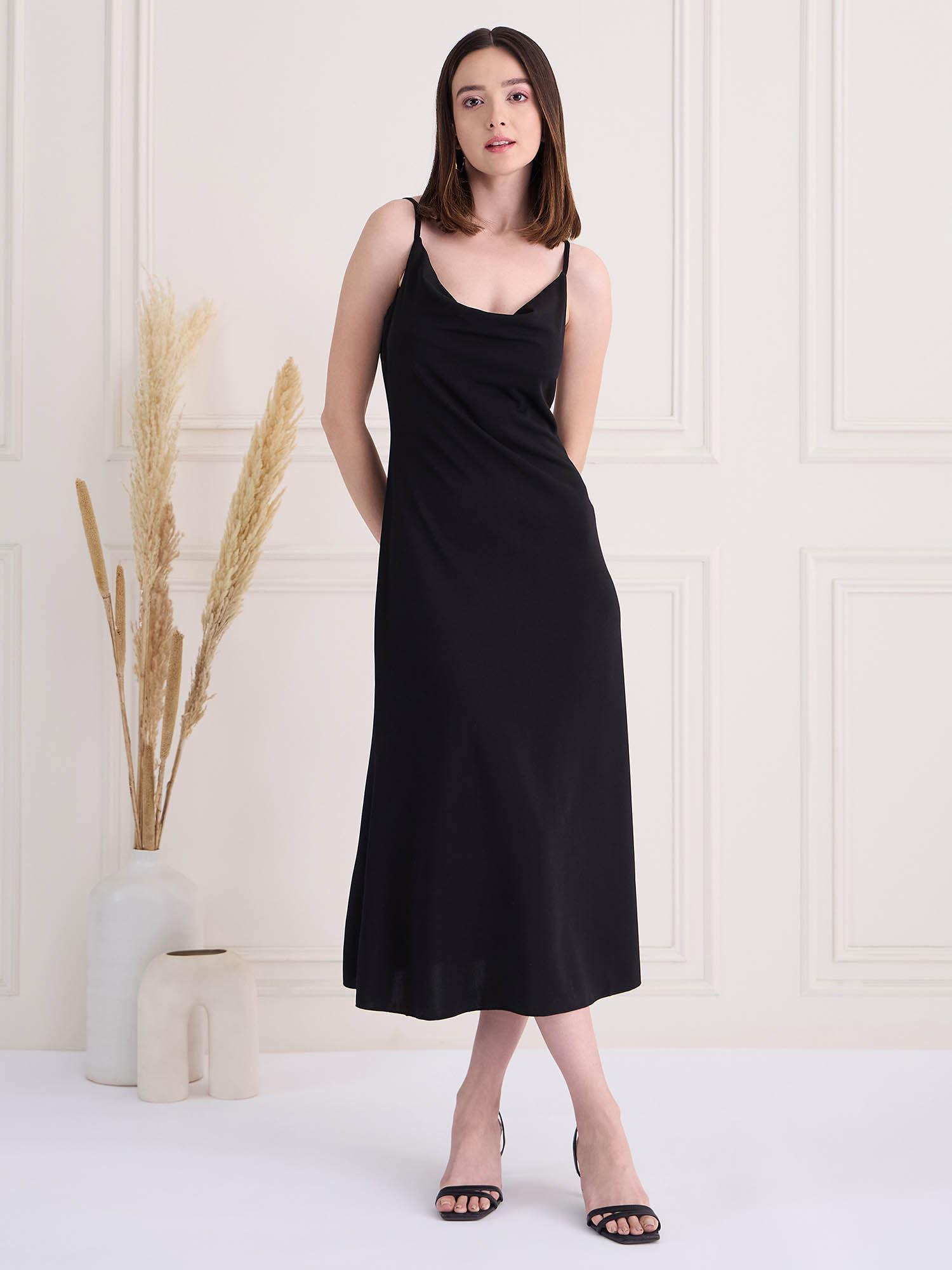 black twill cowl neck bodycon dress