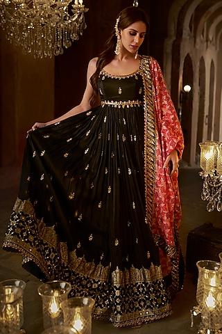 black upada silk zari embroidered anarkali set