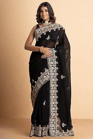 black uppada silk embellished saree set