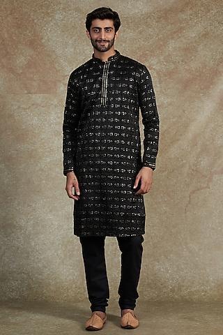 black uppada silk embroidered kurta set