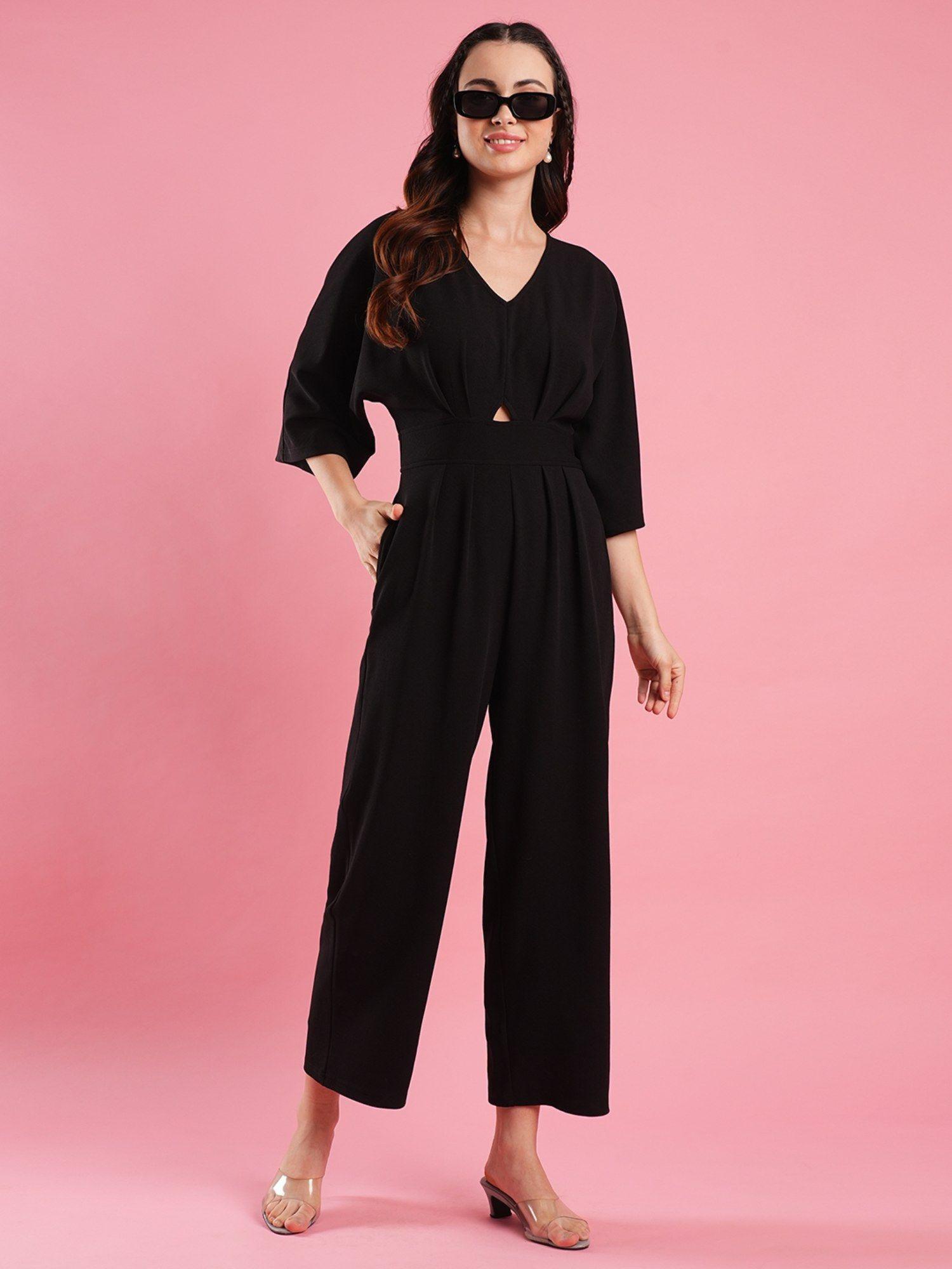 black v-neck batwing sleeves cut-out detail long jumpsuit