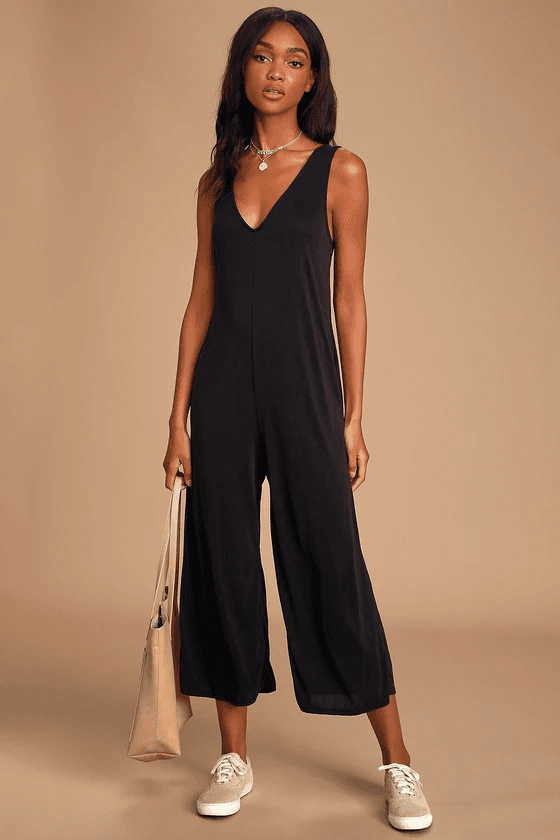 black v neck comfy jumpsuit