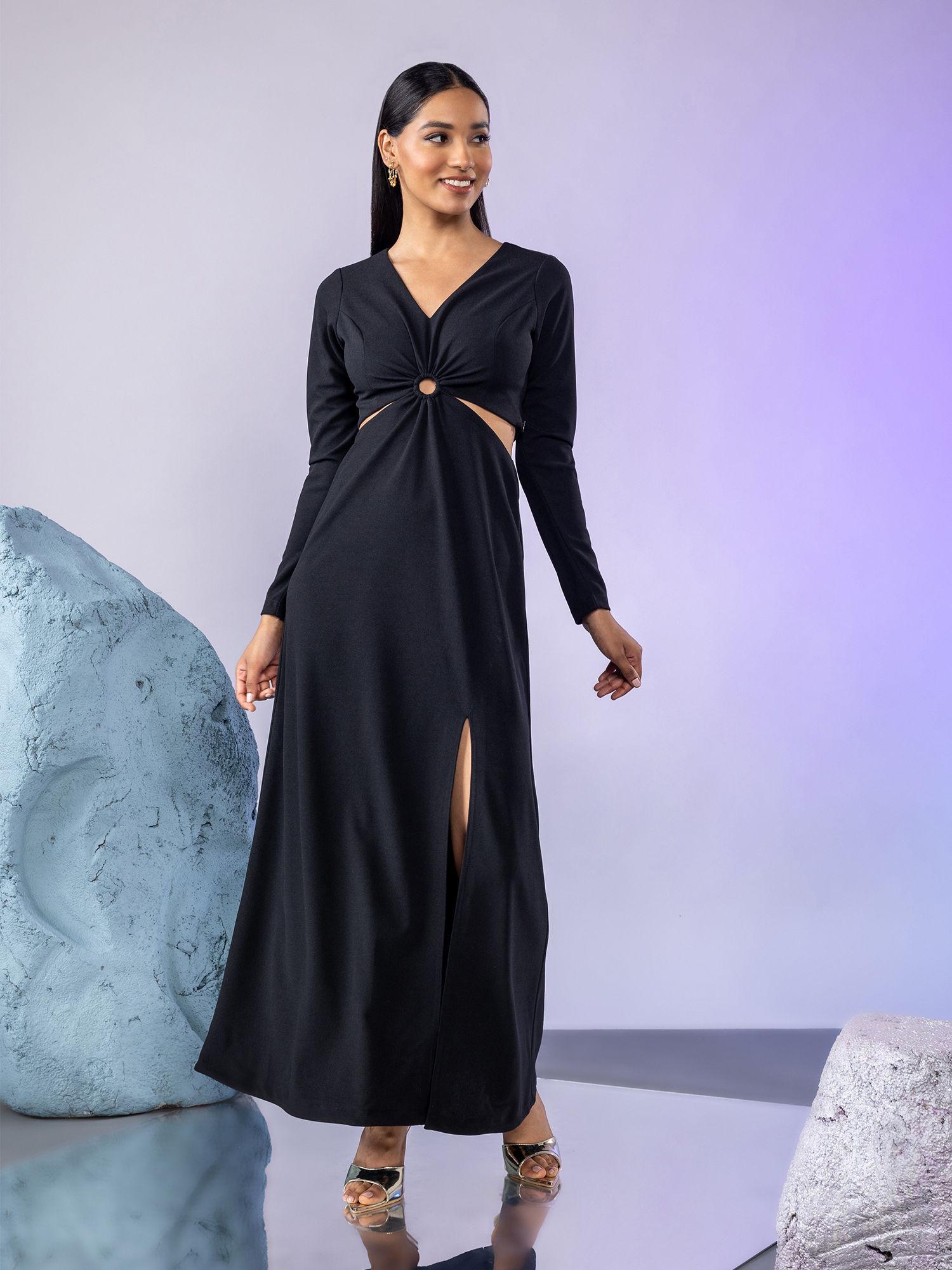 black v neck cut out gown