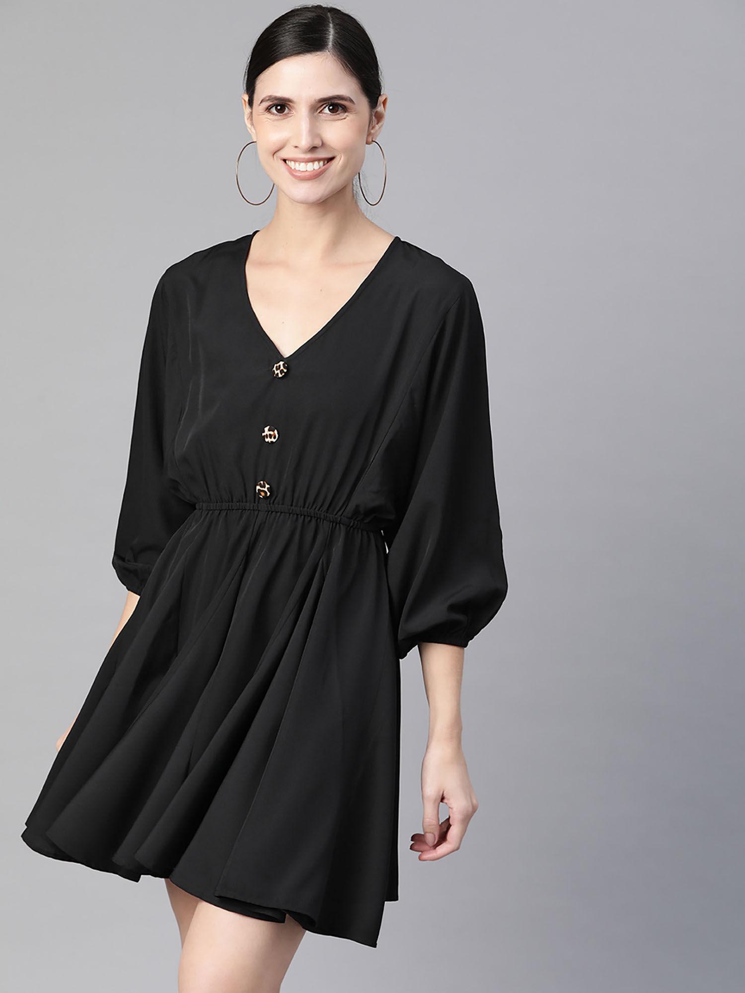 black v-neck flared dress