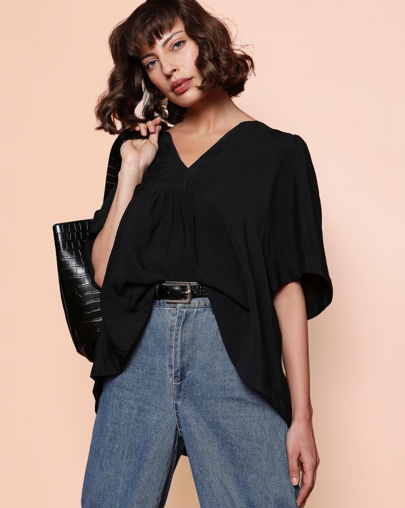 black v-neck flared top