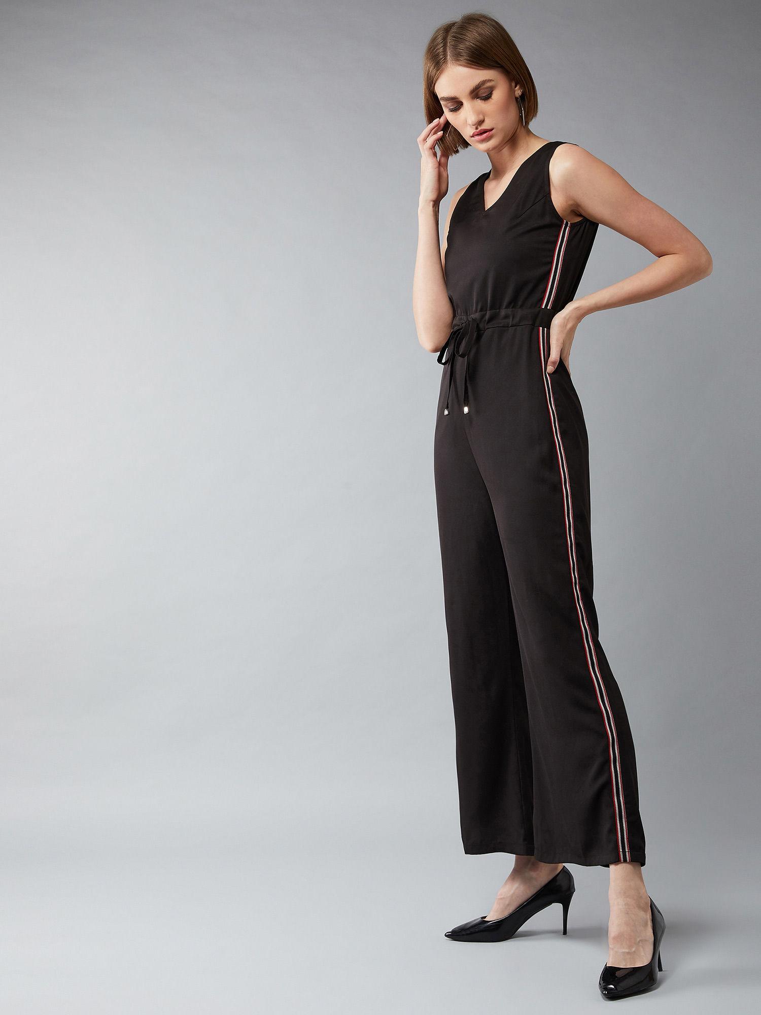 black v-neck sleeveless solid straight leg jumpsuit