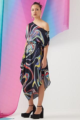 black vegan silk printed draped dress