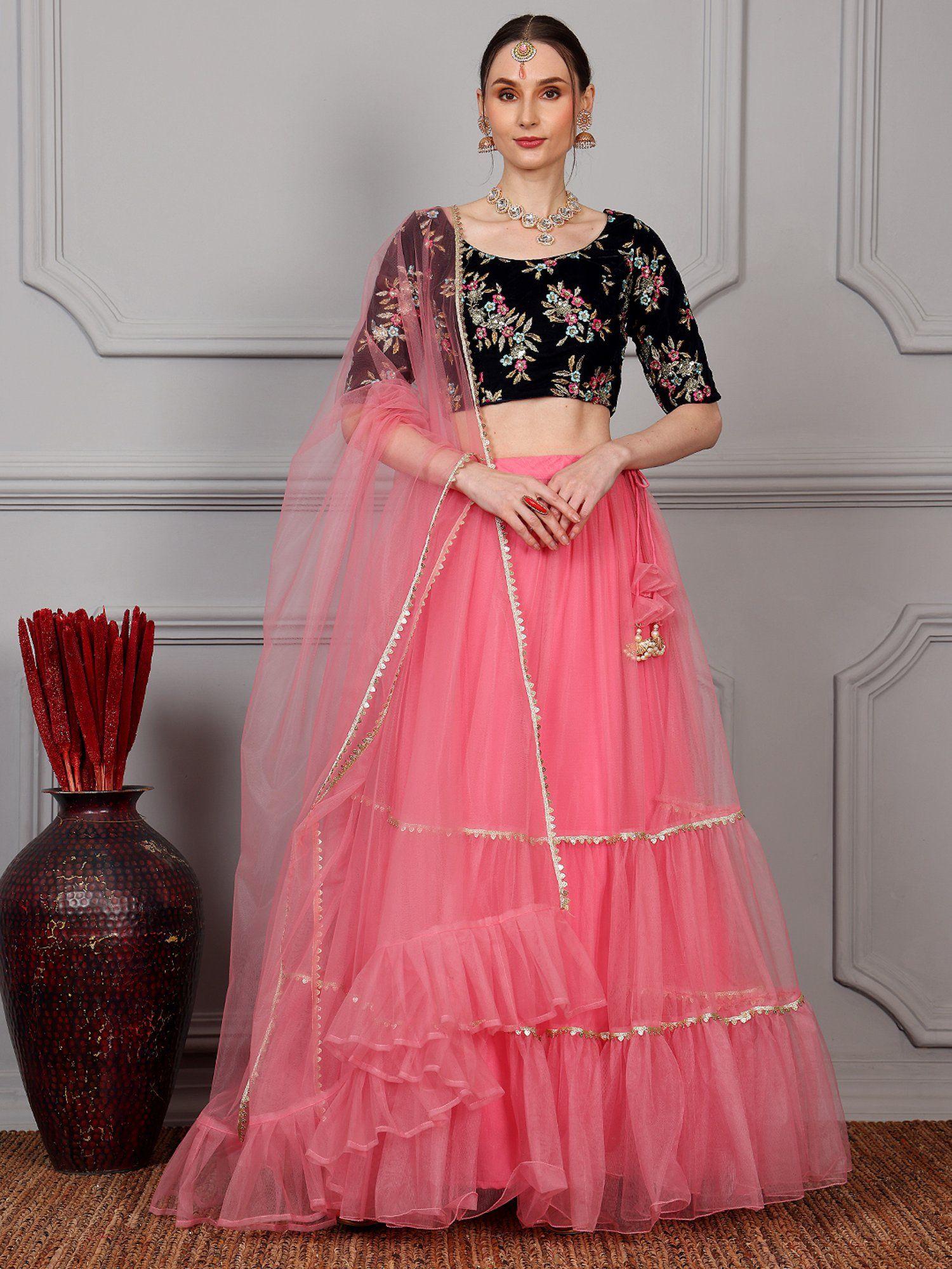 black velvet blouse embroidered pink tiered lehenga & dupatta (set of 3)