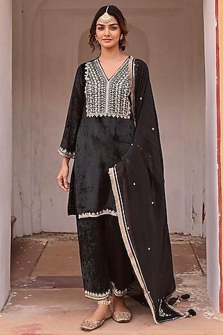 black velvet cutdana embroidered short kurta set