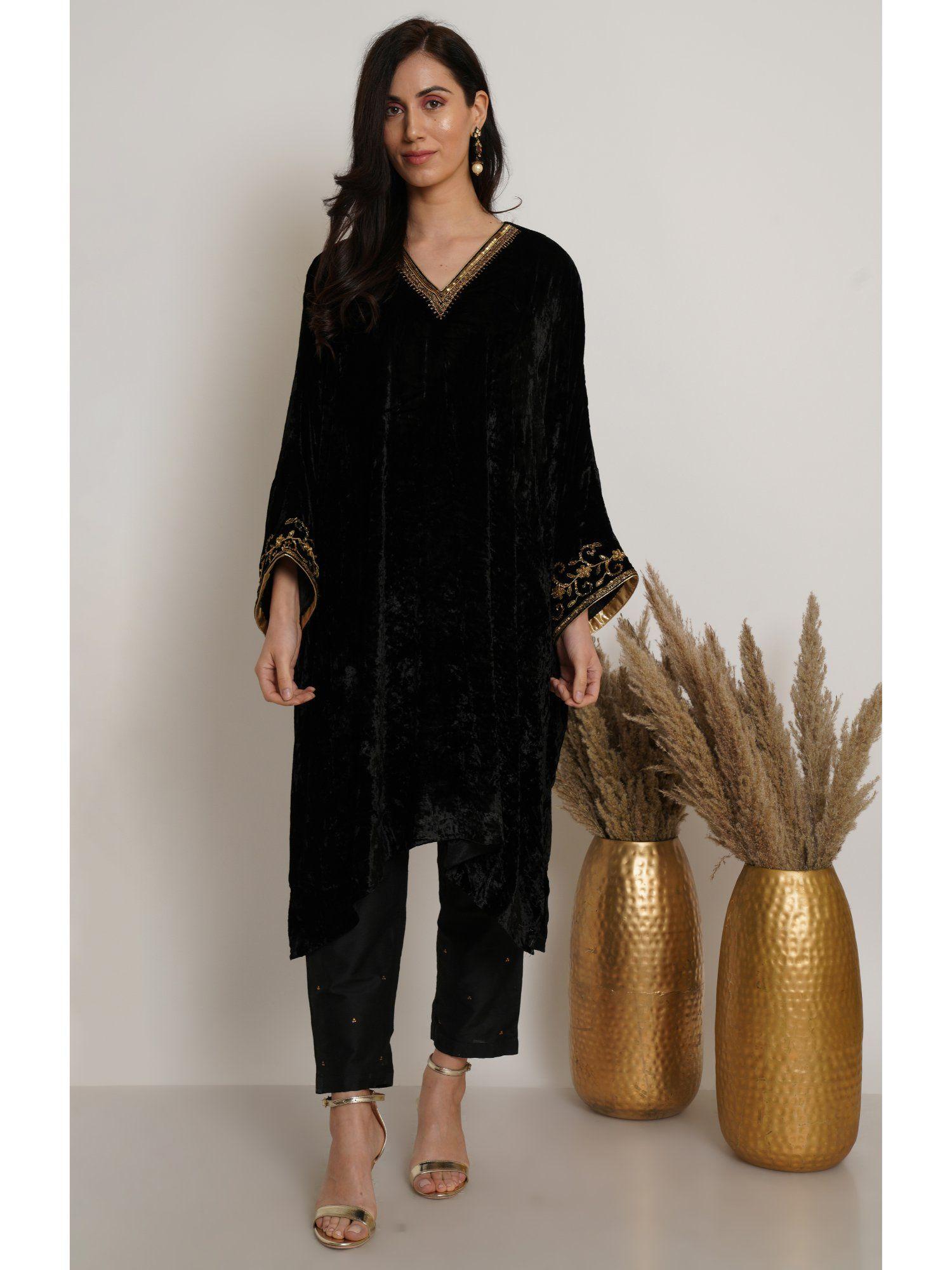 black velvet embroidered & zardozi work kaftan with pant (set of 2)