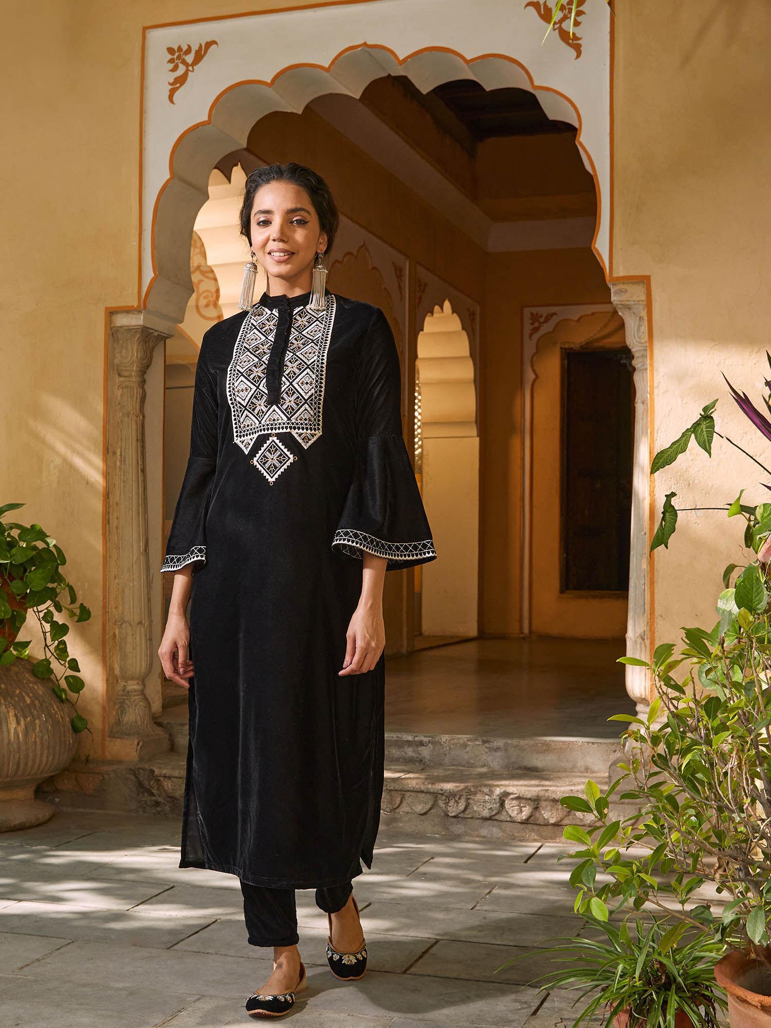 black velvet embroidered kurta with bell sleeves