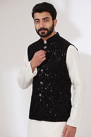 black velvet embroidered nehru jacket