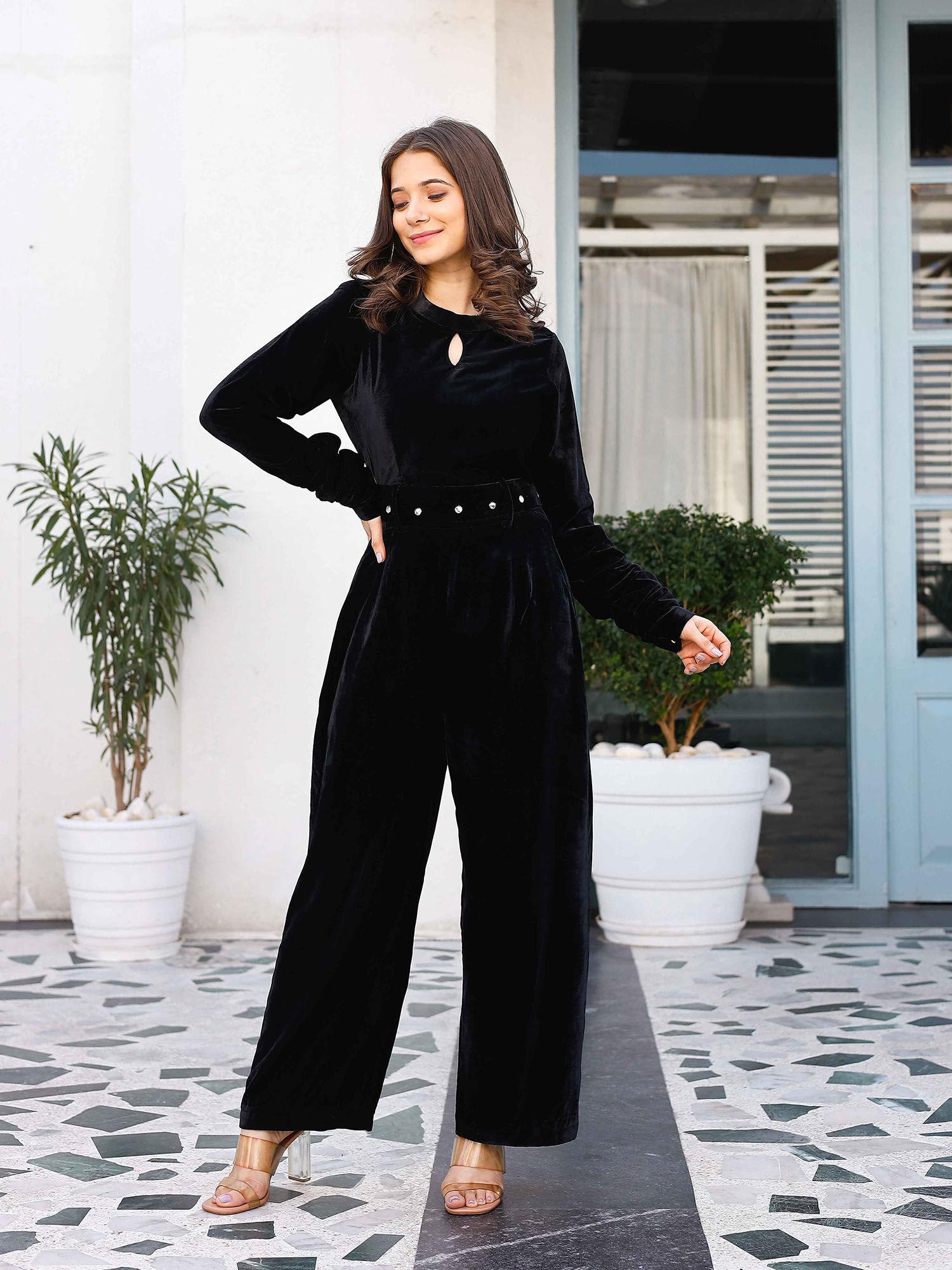 black velvet full jumpsuit with belt (set of 2)