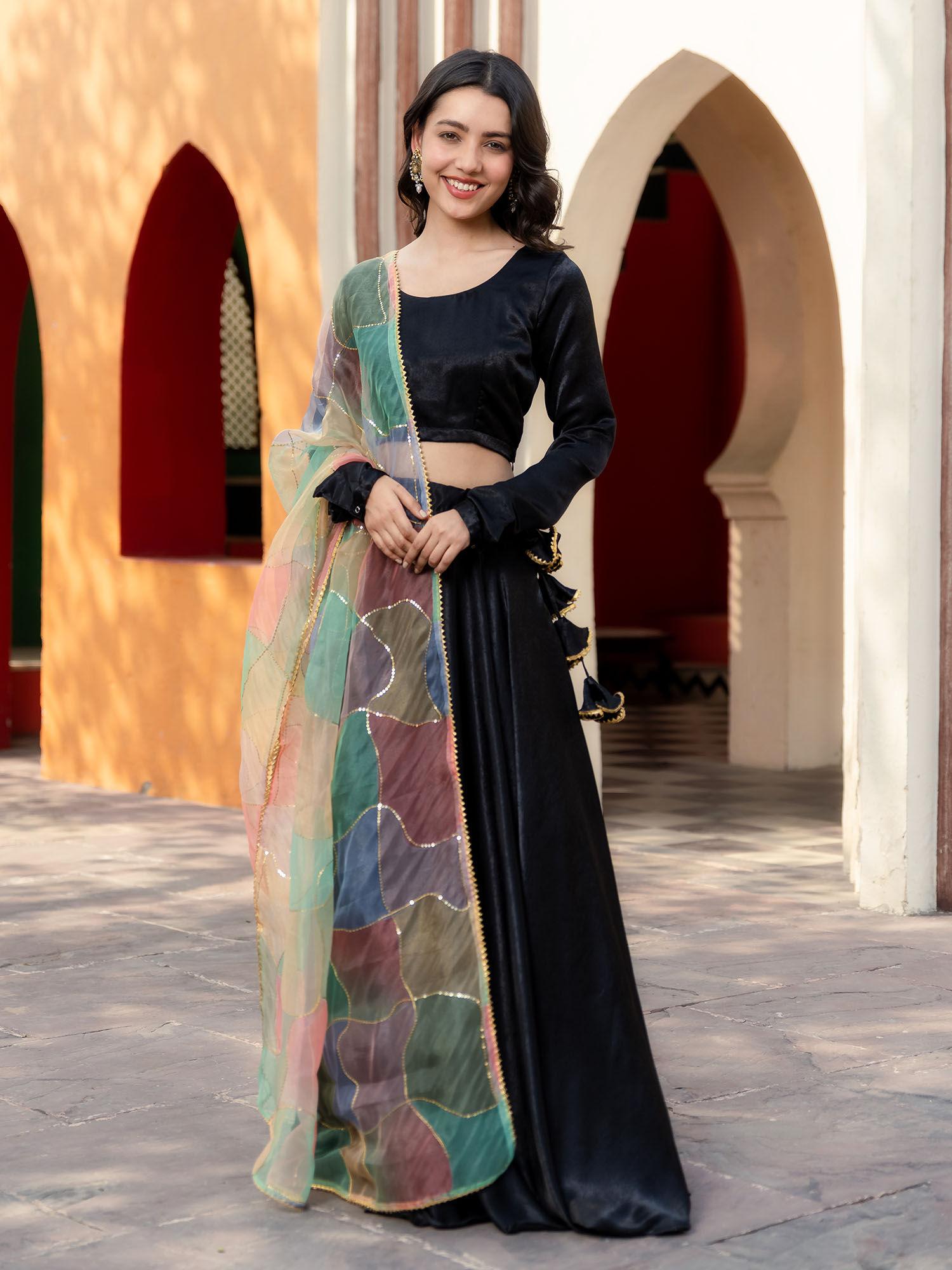 black velvet lehenga with embroiderded organza dupatta (set of 3)