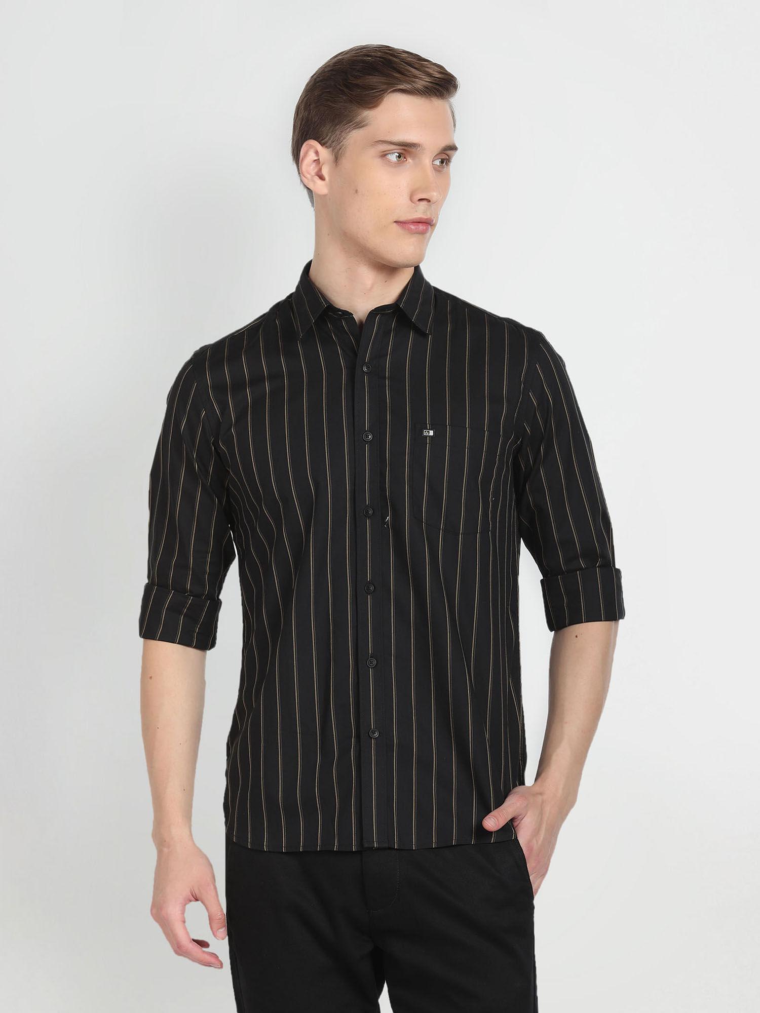 black vertical stripe twill casual shirt