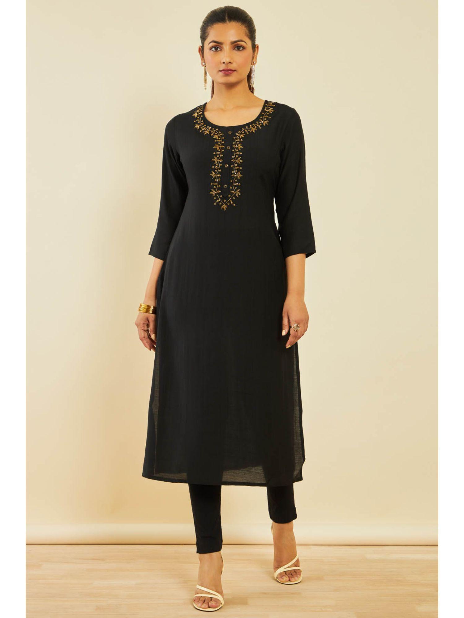 black viscose blend kurta with cut dana