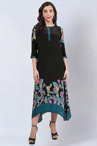 black viscose crepe floral printed kaftan dress