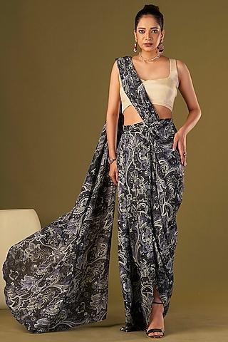 black viscose crepe paisley printed pre-draped saree set