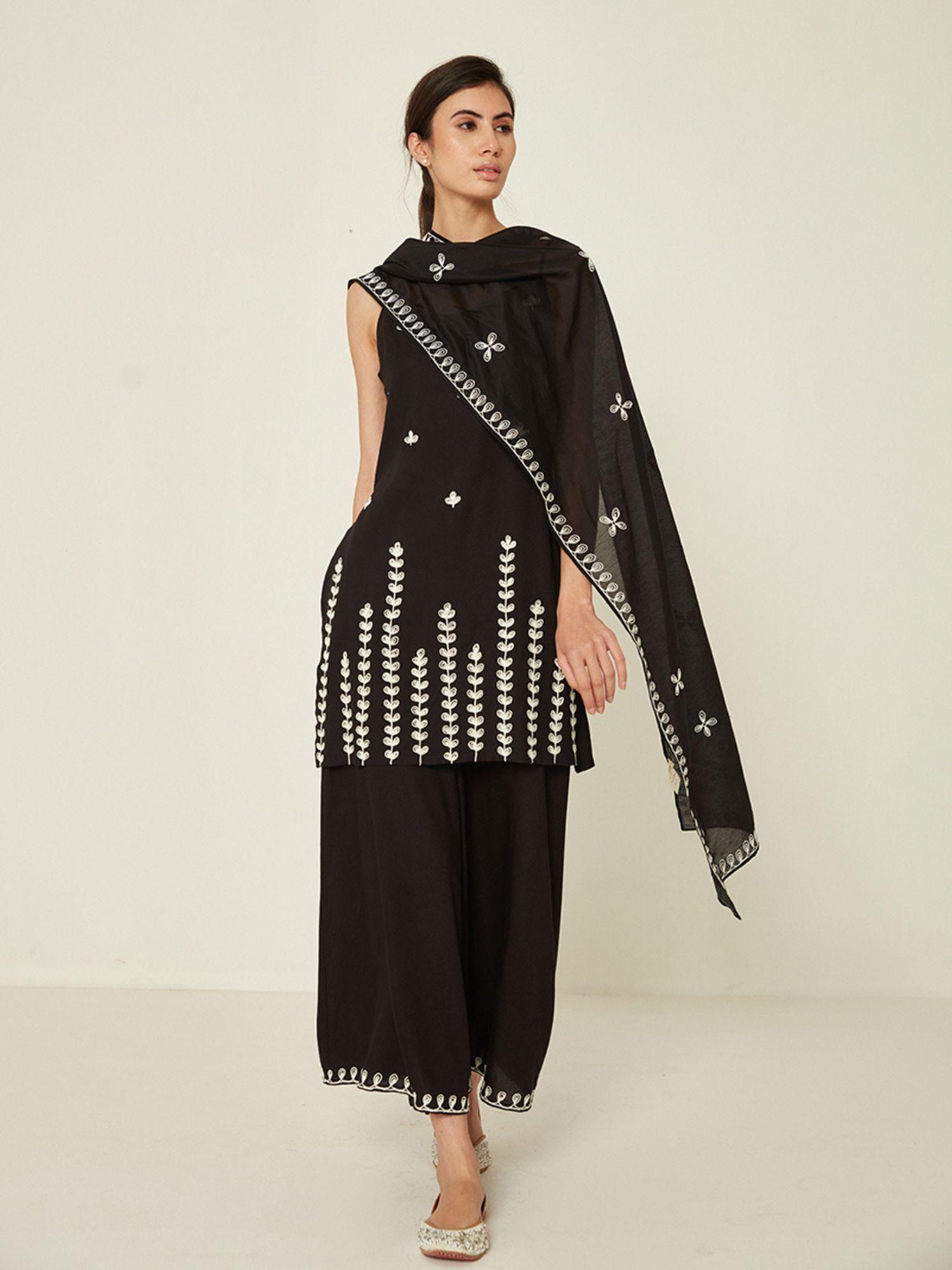 black viscose embroidered flared palazzo