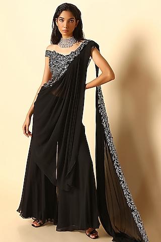 black viscose georgette nakshi embroidered sharara saree set