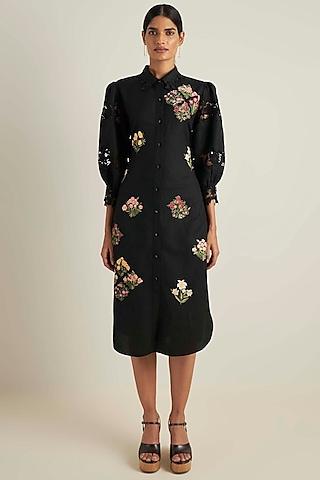 black viscose linen embroidered dress