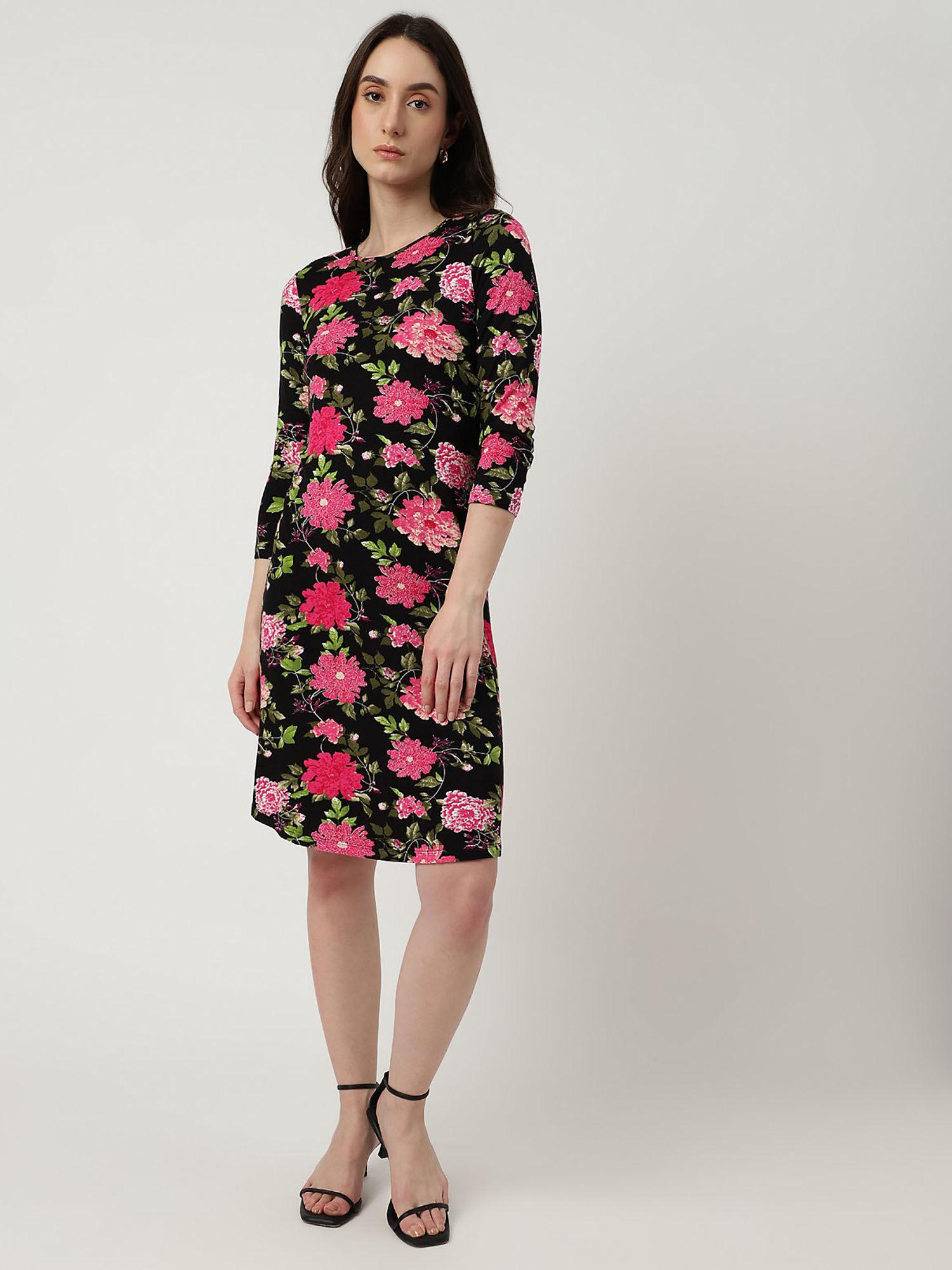 black viscose mix floral print round neck dress