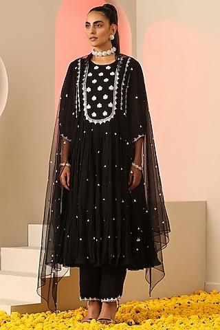 black viscose organza resham embroidered kurta set for girls