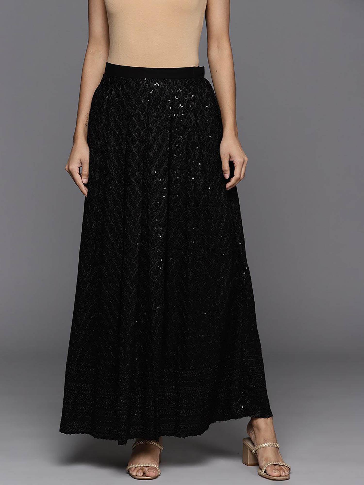 black viscose rayon embroidered embellished sequins skirt