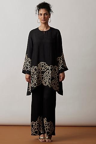 black viscose silk embroidered tunic set