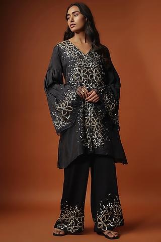 black viscose silk floral sequins embroidered kurta set