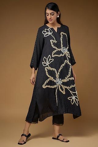 black viscose silk hand embroidered kurta set