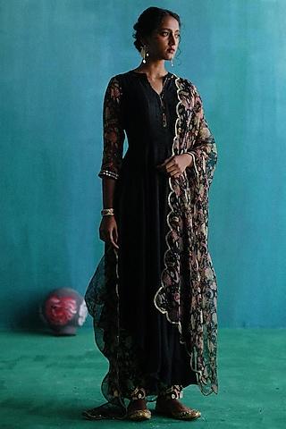 black viscose silk printed & embroidered asymmetric kurta set