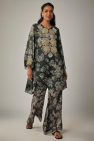 black viscose silk printed & sequin embroidered kurta set