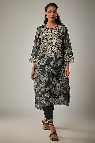 black viscose silk printed & sequin embroidered kurta set