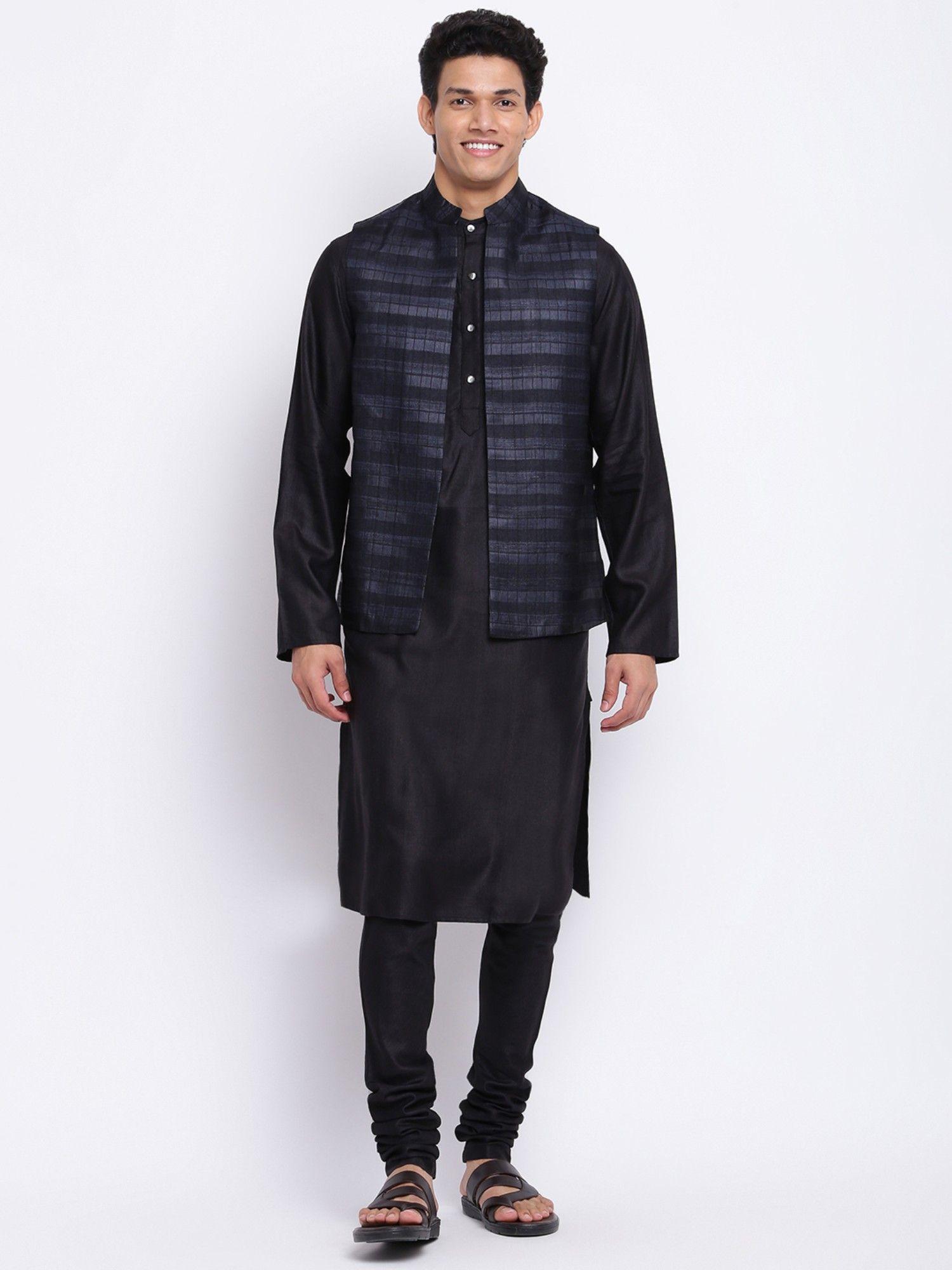 black viscose silk woven kurta (set of 3)