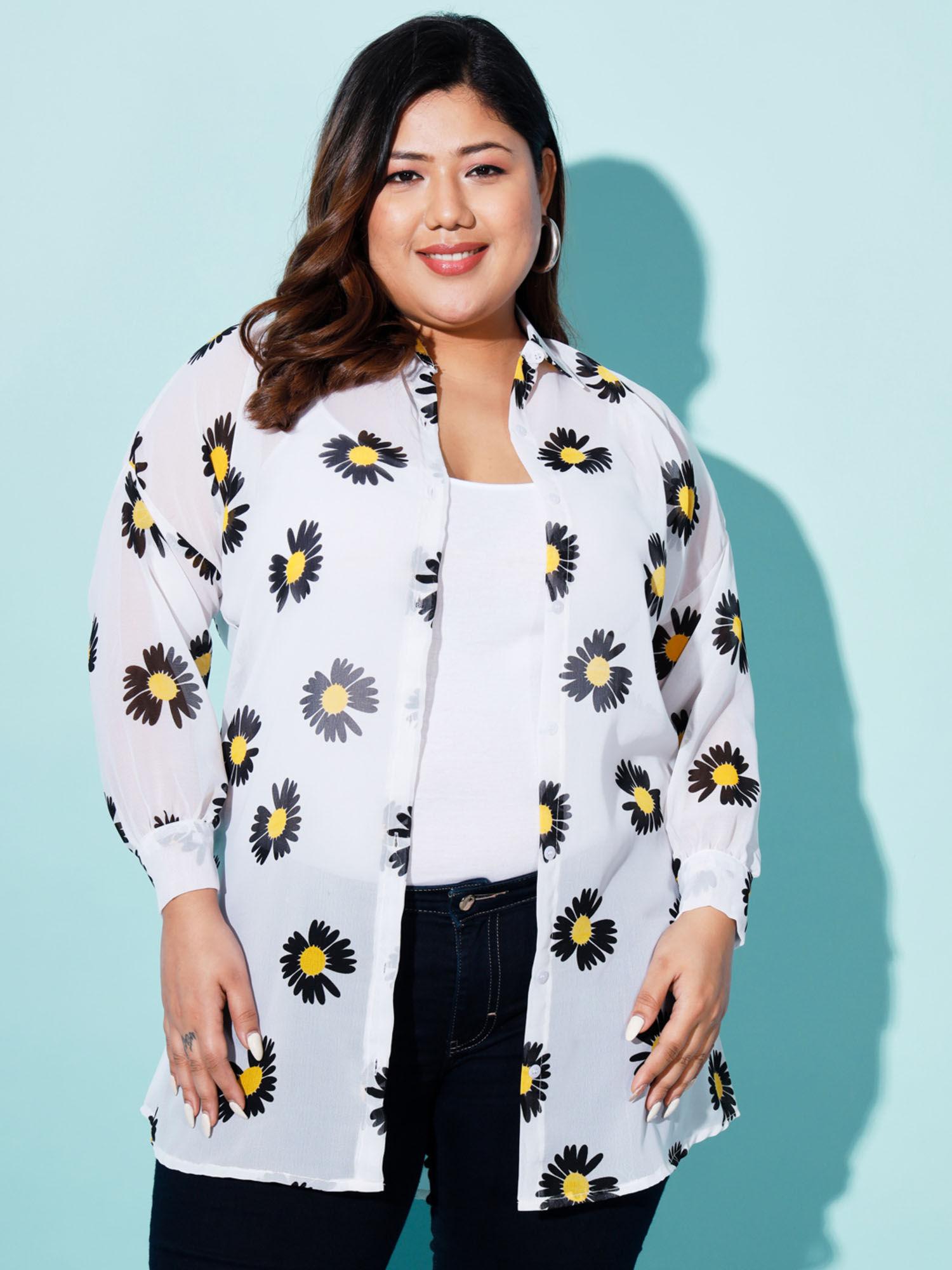 black white boxy fit georgette floral print women plus size long shirt