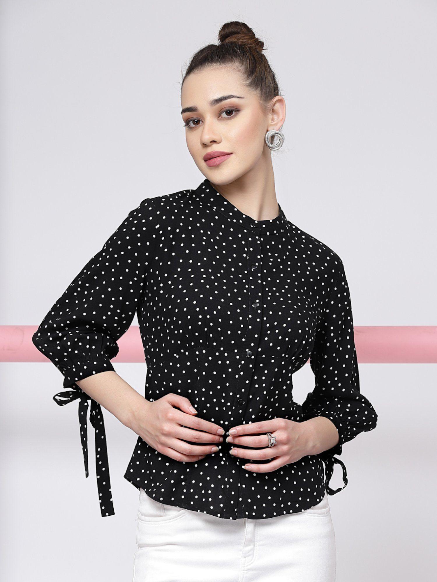 black white slim fit polka front open corset shirt