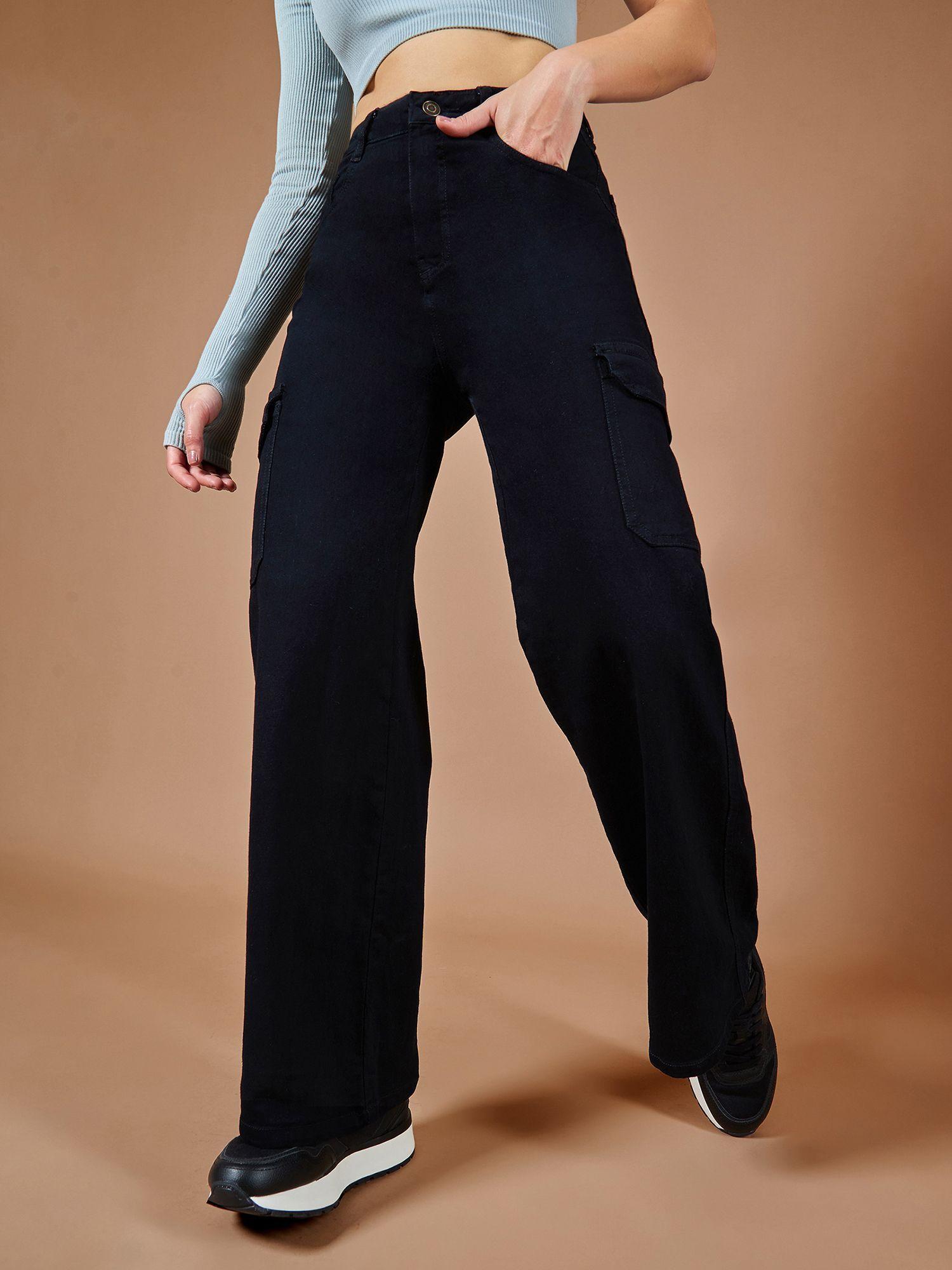 black wide leg high rise clean look stretchable denim jeans