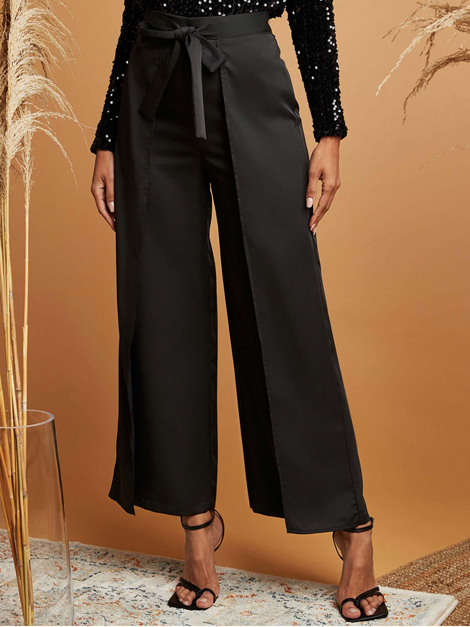 black wide leg trouser with wrap and tie belt detail (set of 2)