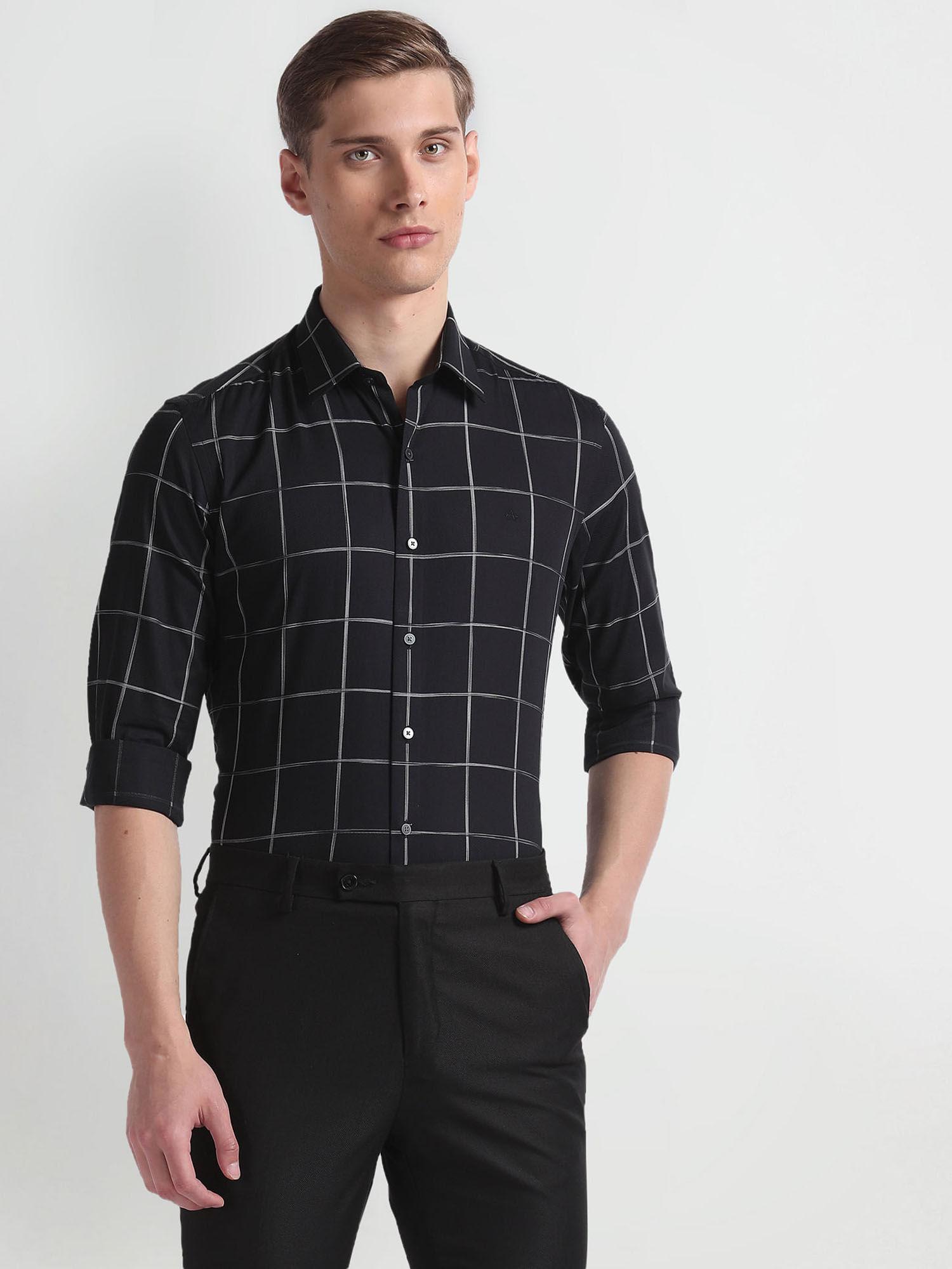 black windowpane check slim fit formal shirt