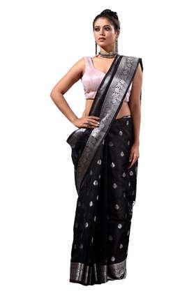 black with silver zari weaved banarasi silk saree and beautiful jacquard weave pallu and blouse with blouse piece - black
