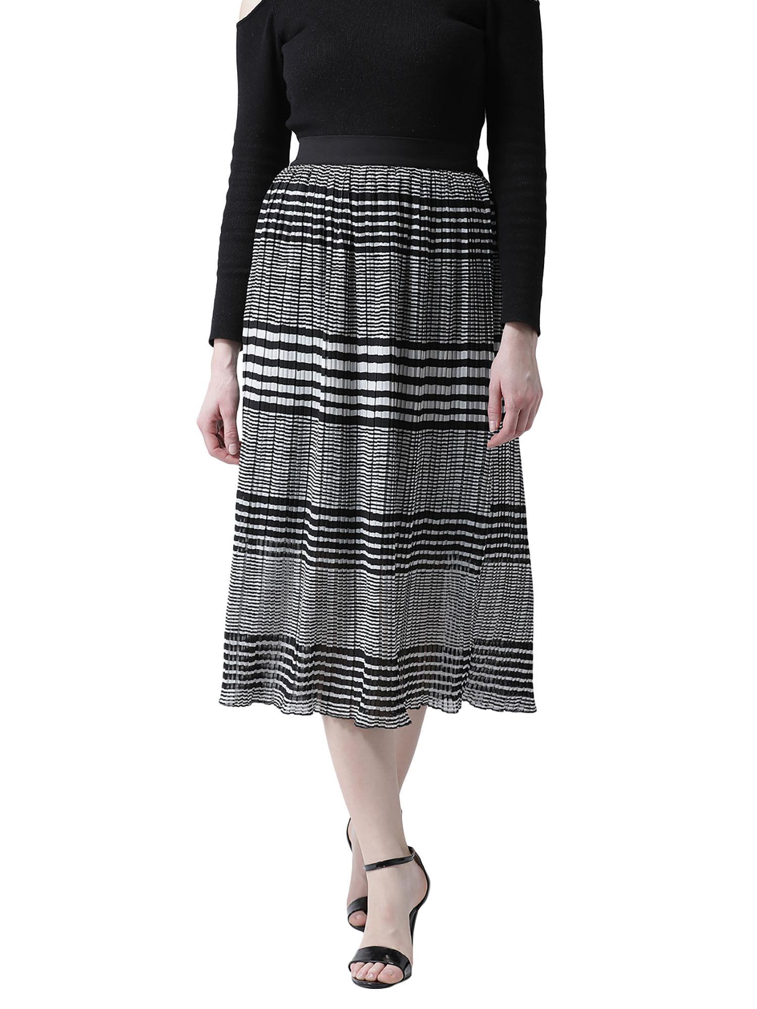 black women black white stripes georgette pleating midi skirt
