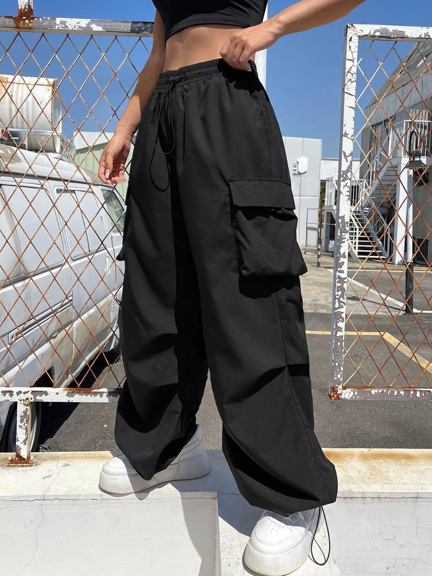 black women loose fit high waist parachute cargo pant