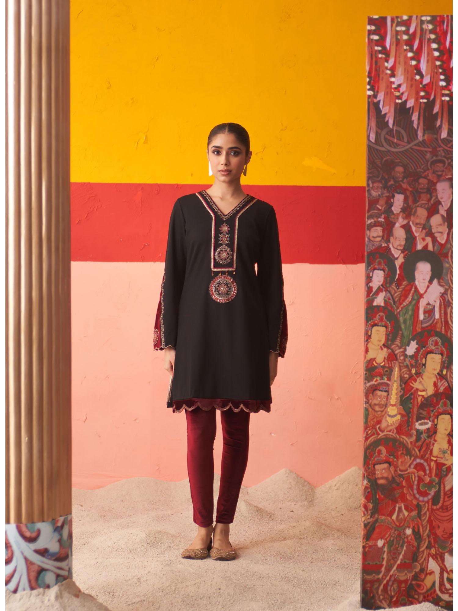 black women woollen kurta with velvet inserts and zari work