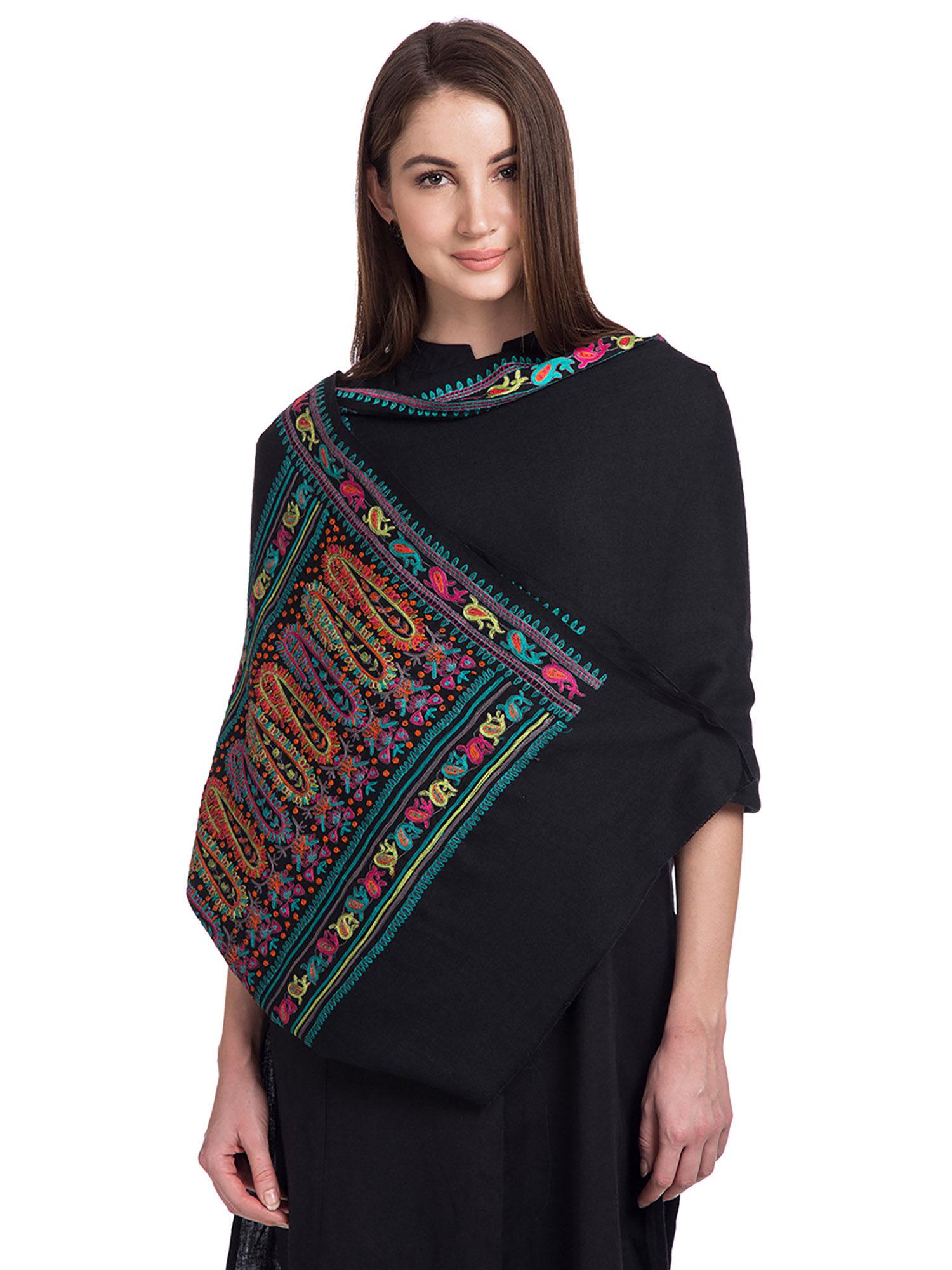 black wool blend embroidered women fringed shawl