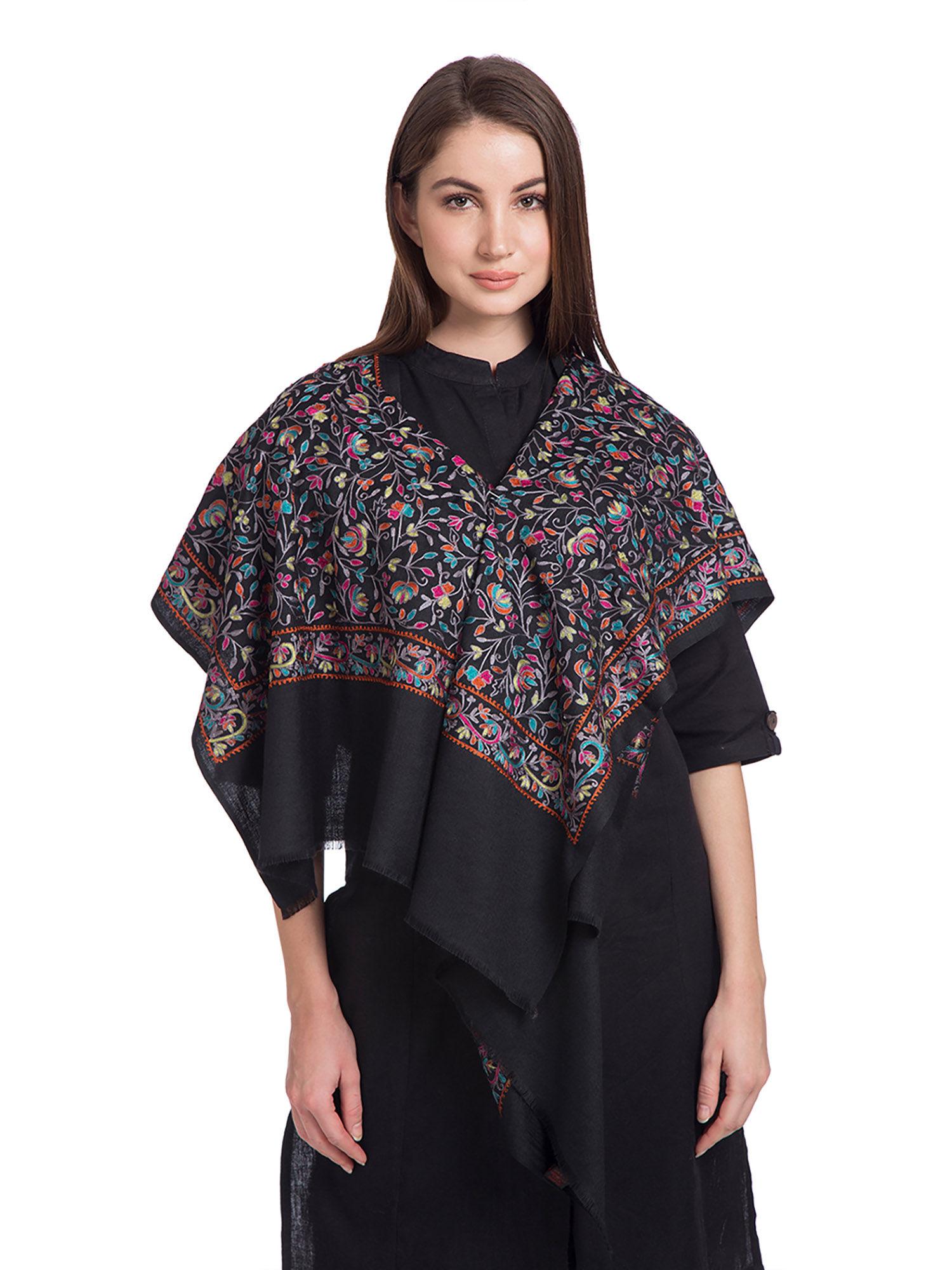 black wool blend embroidered women fringed shawl