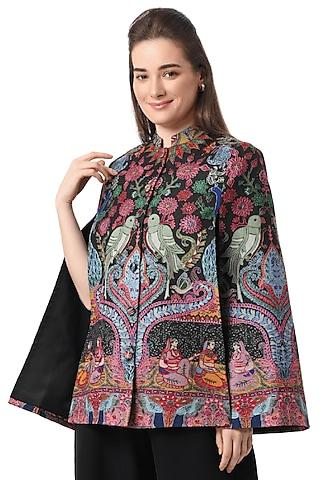 black wool hand embellished cape