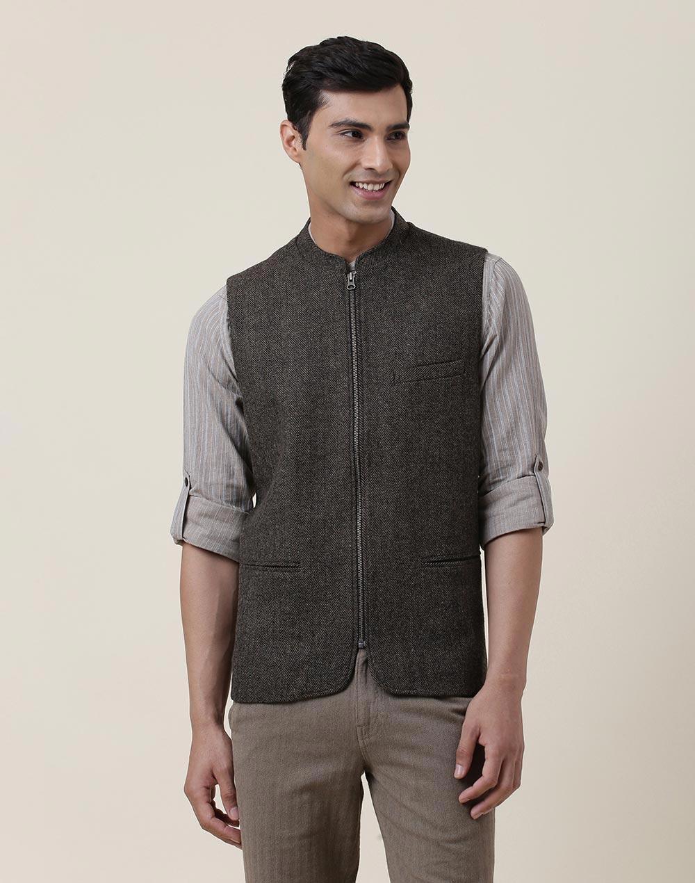 black wool woven slim fit gilet