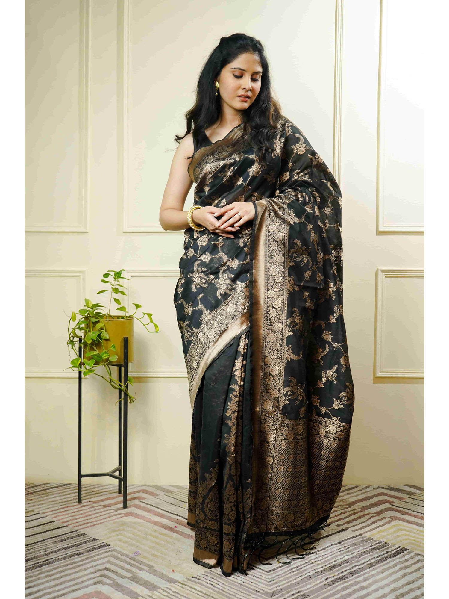 black woven banarasi saree with unstitched blouse
