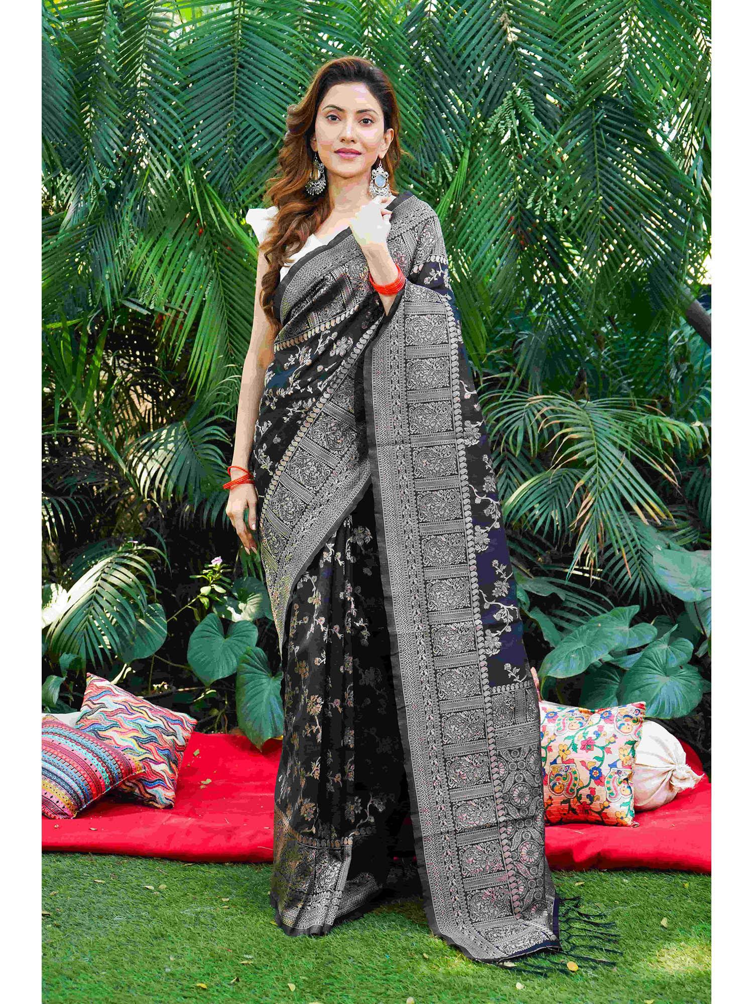 black woven banarasi saree with unstitched blouse